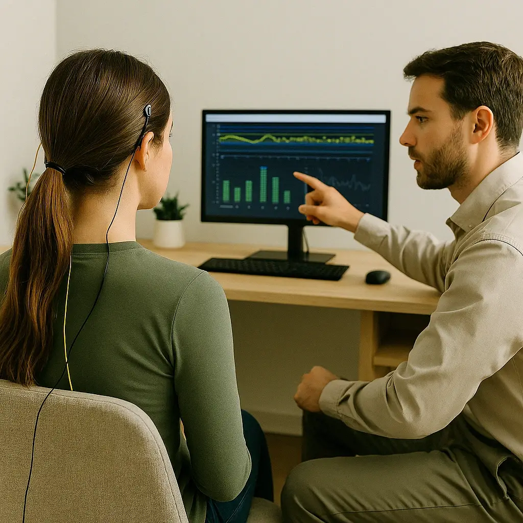 Neurofeedback session with a therapist pointing to the real-time feedback results on a computer